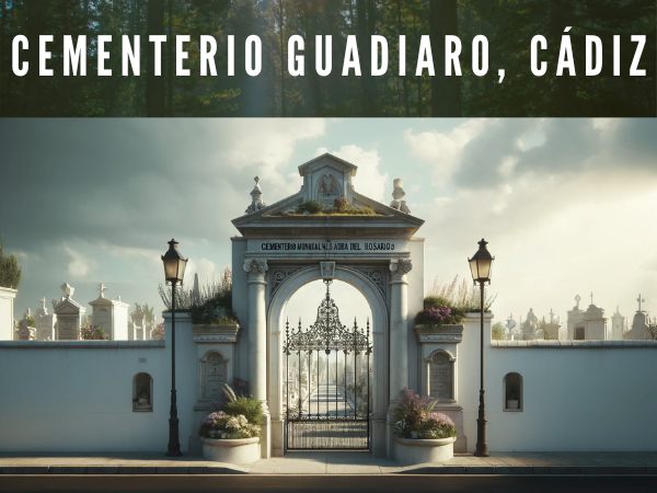 Imagen horizontal hiperrealista de una entrada ficticia a un cementerio, inspirada en la foto del Cementerio Municipal Nuestra Señora del Rosario de Guadiaro, Cádiz. La entrada debe ser modesta y tradicional, con un muro blanco y un arco característico en la parte superior. Debe haber una puerta de hierro forjado a través de la cual se pueda ver parcialmente el interior del cementerio, con flores y vegetación. Encima del arco se colocará un farol clásico para la iluminación. En la pared de la derecha de la entrada se colocará un cartel con la leyenda "Cementerio Municipal Ntra. Sra. del Rosario" y otro más pequeño con la leyenda "Cementerio Municipal Ntra. Sra. del Rosario". Sra. del Rosario" y otro cartel más pequeño con información adicional. El cielo debe estar parcialmente nublado, sugiriendo condiciones meteorológicas mixtas. El diseño general debe representar el estilo funcional de muchos cementerios municipales de pequeñas ciudades españolas, transmitiendo respeto y dignidad. https://www.cementerio.info/