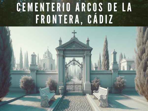 Imagen horizontal hiperrealista de la entrada de un cementerio ficticio con un estilo inspirado en el Cementerio Municipal San Miguel de Arcos de la Frontera, Cádiz. La entrada debe incluir una verja, un muro blanco y dos bancos, que recuerden la arquitectura tradicional de los cementerios. La escena debe captar la tranquila dignidad y la serena atmósfera de un cementerio histórico, con detalles como un camino empedrado, herrajes ornamentados en la verja y un cielo despejado en lo alto para realzar el apacible entorno. https://www.cementerio.info/