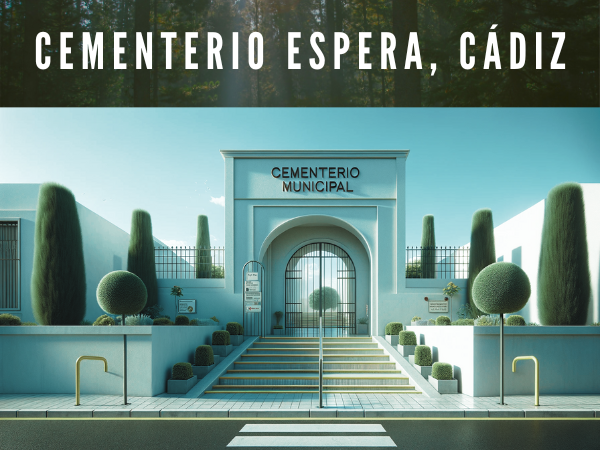 Imagen horizontal hiperrealista de la entrada de un edificio ficticio con una estética similar a la foto del Cementerio Municipal San Sebastián en Espera, Cádiz. La entrada debe incluir una pared blanca con un cartel superior que indique "Cementerio Municipal", en letras rojas sobre fondo blanco. A la derecha, figurará una verja metálica peatonal que dé acceso a las instalaciones. La base del muro debe pintarse de amarillo, a juego con los escalones y la rampa de acceso, e incluir una barandilla metálica a lo largo de la escalera para mayor seguridad. Delante de la entrada, añade arbustos rectangulares bien recortados y una planta redondeada en una maceta, para realzar el aspecto estético y bien cuidado. Capta la escena en un día despejado con cielo azul, transmitiendo una atmósfera serena y ordenada apropiada para un lugar de recuerdo y descanso. https://www.cementerio.info/