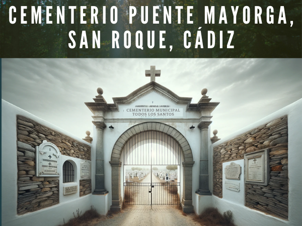 Imagen hiperrealista y amplia del Cementerio Municipal Todos los Santos en Puente Mayorga, San Roque, Cádiz, muy parecida a la fotografía facilitada. La composición debe presentar una entrada con una combinación de paredes blancas y un arco rústico de piedra. Una verja metálica de diseño semicircular abierta da acceso al cementerio. Encima de la entrada, debe haber una cruz sencilla, y a un lado, una placa en la pared que diga "CEMENTERIO MUNICIPAL Todos los Santos". El entorno debe captar la naturaleza tranquila y reflexiva del cementerio, con cielos nublados, realzando el ambiente solemne típico del paisaje andaluz. https://www.cementerio.info/