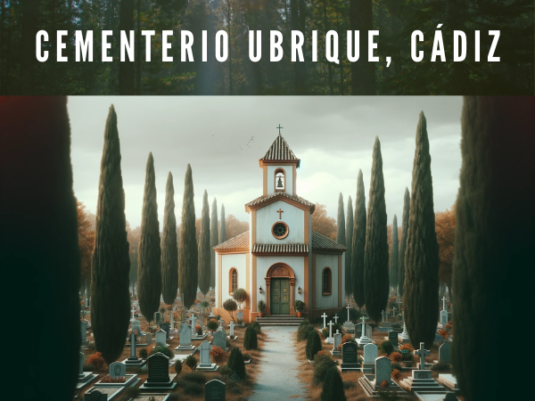 Imagen amplia de una pequeña iglesia tradicional en el entorno de un cementerio, parecida a la de Ubrique. La iglesia debe tener una fachada sencilla con una combinación de colores blanco y terracota y un modesto campanario. Está rodeada de cipreses altos y oscuros y de un paisaje verde indicativo de un entorno mediterráneo. El cielo está nublado, lo que contribuye a crear la atmósfera de un cementerio sereno y tranquilo. Debe haber un camino claro que conduzca a la iglesia, y la imagen debe evocar una sensación de tranquilidad y reflexión, característica de un cementerio de pueblo del sur de España. https://www.cementerio.info/