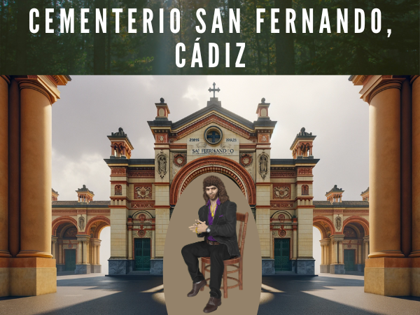 Crear una imagen hiperrealista y amplia de una entrada de cementerio que se asemeje al Cementerio Municipal San Fernando de Cádiz, con una silueta sombreada de un cantaor flamenco similar a Camarón de la Isla. La entrada debe tener una fachada distintiva roja y beige con arcos y una entrada central, rematada por una cruz cristiana. La silueta debe estar de pie cerca de la entrada, captando la esencia de un cantaor flamenco en una pose tradicional. El ambiente debe ser respetuoso y sereno, típico de la cultura andaluza, bajo un cielo nublado. https://www.cementerio.info/