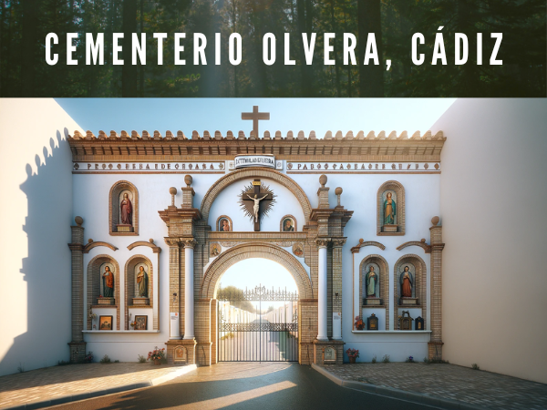 Una imagen hiperrealista y amplia del Cementerio de Olvera en Cádiz, muy parecida a la real. La entrada debe presentar una pared blanca con un arco central enmarcado por un contorno de ladrillo, una verja de hierro e iconos religiosos expuestos a ambos lados de la verja. Sobre el arco debe haber una cruz cristiana. La calidad fotorrealista debe captar el juego de luces y sombras sobre las superficies, con el mismo cielo despejado y la sensación de un día tranquilo y soleado. https://www.cementerio.info/