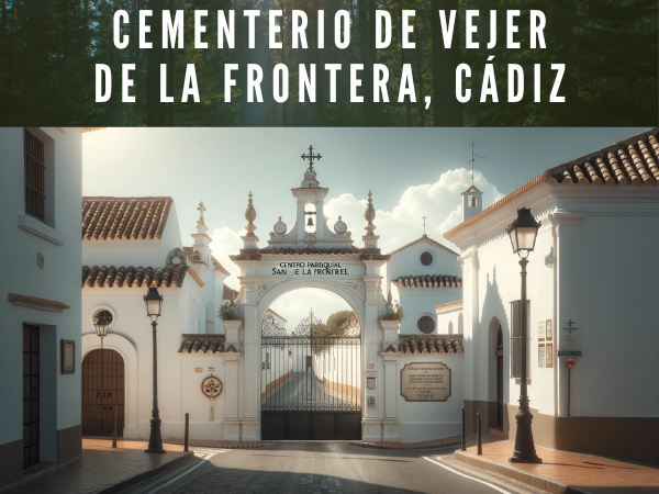 Cementerio Parroquial de la Iglesia de San Miguel en Vejer de la Frontera. La entrada tiene un muro blanco con una sencilla y elegante verja negra y un letrero en el que se lee "Centro Parroquial San Miguel". Hay elementos arquitectónicos tradicionales españoles, como tejas de terracota en un edificio del fondo, y una farola clásica cerca de la entrada. La escena presenta un cielo despejado con algunas nubes, lo que sugiere un día tranquilo y luminoso. Incluye detalles típicos andaluces, como paredes encaladas y el símbolo de una cruz, para indicar el significado religioso del lugar. El ambiente es tranquilo y refleja el patrimonio cultural de la zona. https://www.cementerio.info/