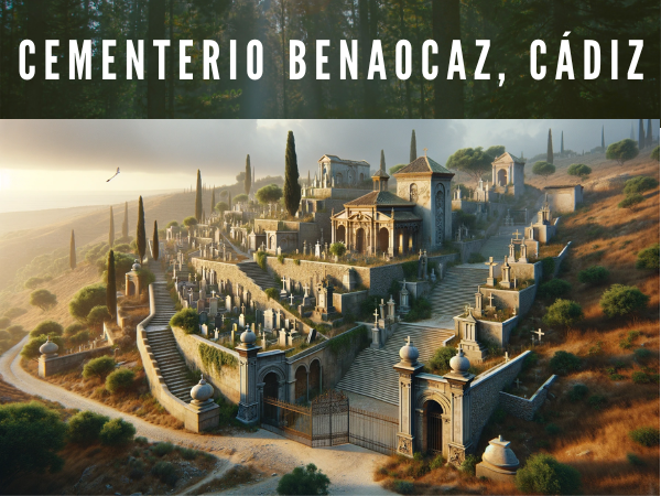 Imagen horizontal hiperrealista inspirada en el Cementerio de Benaocaz, Cádiz. La escena debe incluir las escaleras descendentes que conducen al cementerio, rodeado de rica vegetación y bastiones cilíndricos que refuerzan las esquinas de los bajos muros circundantes. El cementerio tiene una estructura en forma de P, adaptándose al perfil de la colina sobre la que se asienta, con la zona original que contiene las dos entradas. La entrada más prominente presenta una puerta junto a la carretera y la antigua ermita. Los materiales utilizados deben ser mampostería de piedra para los muros, encalados y hierro para las puertas de doble hoja, con viguetas y bovedillas de hormigón en la construcción de la ermita. https://www.cementerio.info/