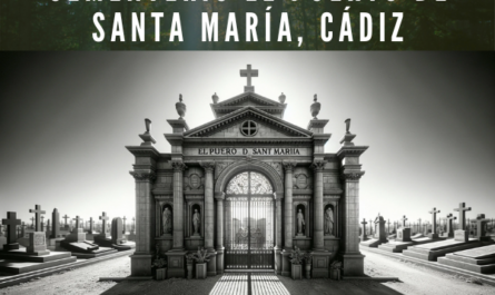 Una imagen hiperrealista y amplia del Cementerio del Puerto de Santa María de Cádiz, muy parecida a la fotografía en blanco y negro facilitada. La imagen debe mostrar una entrada con un diseño clásico que incluya una fachada de piedra, una puerta de hierro y una cruz sobre la entrada. El escenario debe captar el contraste y la sensación atemporal de la escena, con sombras y luces que juegan a través de la estructura, bajo un cielo despejado. https://www.cementerio.info/