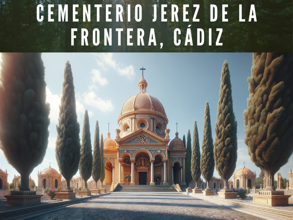 Imagen hiperrealista y amplia del Cementerio de Jerez de la Frontera - (Nuestra Señora de La Merced), en Cádiz, de estilo similar a la foto facilitada. La imagen debe representar la entrada al cementerio, con una cúpula de color terracota y detalles arquitectónicos a juego. La entrada está adornada con arcos y columnas, con una cruz en la parte superior de la cúpula. Incluya cipreses altos y oscuros flanqueando la estructura, bajo un cielo azul despejado. El entorno debe ser apacible y digno, reflejando la importancia histórica y cultural del cementerio bajo la brillante luz del sol andaluz. https://www.cementerio.info/