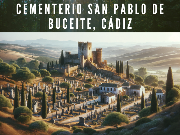 Crear una imagen horizontal hiperrealista del cementerio San Pablo de Buceite, Cádiz. La imagen debe representar un amplio paisaje con el cementerio al fondo y un antiguo castillo en primer plano. La escena debe tener como telón de fondo las colinas onduladas y la exuberante campiña típica de la región. La arquitectura debe reflejar el encanto histórico y rústico del sur de España, con muros encalados, piedras desgastadas y ruinas de castillos. Los árboles y la vegetación deben estar diseminados por todo el paisaje, dando una sensación de belleza natural y profundidad histórica. https://www.cementerio.info/