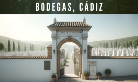 Imagen amplia hiperrealista del Cementerio de Setenil de las Bodegas, en Cádiz, que capta una esencia similar a la de la imagen proporcionada. La escena incluye una pared blanca con una entrada tradicional andaluza, con una sencilla pero elegante puerta metálica bajo un arco. La puerta está flanqueada por pilares de ladrillo, y hay un cartel o señal conmemorativa en la pared adyacente. El entorno transmite una atmósfera de paz típica de la región, con cielos despejados y exuberante vegetación de fondo, reflejo de la tranquilidad y la belleza de la campiña del sur de España. https://www.cementerio.info/