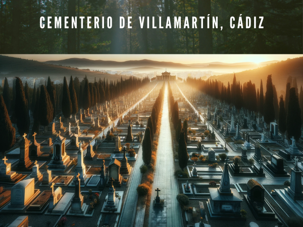 Una imagen hiperrealista y horizontal del Cementerio de Villamartín en Cádiz, mostrando una perspectiva menos bucólica y con menos oscuridad. La imagen debe capturar la esencia del cementerio con claridad y nitidez bajo una luz más neutra, preferiblemente en un momento del día con iluminación natural pero sin el romanticismo del atardecer. Las tumbas y monumentos se ven detallados y bien mantenidos, destacando la arquitectura única del lugar. Se enfatiza en la organización y limpieza del cementerio, sin árboles que proyecten sombras profundas, creando una atmósfera de respeto y memoria sin caer en lo melancólico. https://www.cementerio.info/