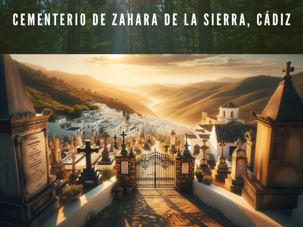 Imagen horizontal hiperrealista del cementerio de Zahara de la Sierra en Cádiz, España. La imagen debe captar el ambiente sereno del cementerio, mostrando su ubicación en una suave ladera con una vista clara del campo circundante y los edificios blancos de Zahara de la Sierra en la distancia. Incluya elementos arquitectónicos típicos andaluces, como puertas de hierro forjado, muros de piedra y un surtido de cruces y lápidas que reflejen la cultura y la historia locales. Al atardecer, el sol proyecta una luz cálida y dorada sobre la escena, resaltando la belleza natural y la tranquilidad de este lugar de descanso. https://www.cementerio.info/