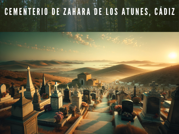 Imagen horizontal hiperrealista del cementerio de Zahara de los Atunes en Cádiz, España. La escena capta el ambiente tranquilo y solemne del cementerio, con sus singulares lápidas y monumentos conmemorativos bajo la suave luz del sol del atardecer. El fondo muestra el típico paisaje andaluz, con colinas onduladas y la vista lejana del océano. El cielo debe estar despejado, con algunas nubes difusas que realcen el ambiente sereno y contemplativo del entorno. https://www.cementerio.info/