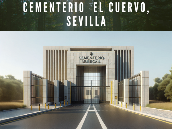 Crea una imagen hiperrealista de la entrada al Cementerio Municipal de San José en El Cuervo, Sevilla, inspirada en la foto proporcionada. La entrada debe presentar una arquitectura moderna con líneas limpias y formas geométricas. La fachada deberá ser de color claro, posiblemente de piedra o mármol, con el nombre 'CEMENTERIO MUNICIPAL' grabado en la parte superior. Las paredes laterales deben extenderse hacia afuera y estar recubiertas de amarillo. Las puertas son de metal oscuro con barras verticales y travesaños diagonales. El cielo debería estar despejado, lo que sugiere un día soleado. https://www.cementerio.info/