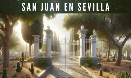 Imagen horizontal hiperrealista de la entrada a un cementerio ficticio, inspirada en la foto del Cementerio Municipal de Villanueva de San Juan en Sevilla. La imagen debe incluir dos pilares blancos que sostengan una verja metálica blanca cerrada con barrotes. Debe haber árboles a cada lado de la entrada, que proporcionen sombra y vegetación. El camino de acceso al cementerio debe estar pavimentado con bloques de hormigón, y debe haber una pequeña zona de tierra a ambos lados del camino, con algunas plantas bajas y cactus. El entorno debe sugerir un ambiente tranquilo y natural. La luz del sol y el cielo despejado indican un clima regional cálido, típico de Sevilla. La imagen debe transmitir serenidad, típica de los cementerios de ciudades pequeñas. https://www.cementerio.info/