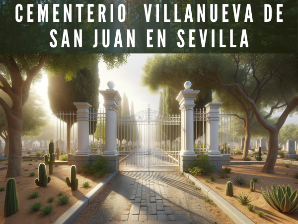 Imagen horizontal hiperrealista de la entrada a un cementerio ficticio, inspirada en la foto del Cementerio Municipal de Villanueva de San Juan en Sevilla. La imagen debe incluir dos pilares blancos que sostengan una verja metálica blanca cerrada con barrotes. Debe haber árboles a cada lado de la entrada, que proporcionen sombra y vegetación. El camino de acceso al cementerio debe estar pavimentado con bloques de hormigón, y debe haber una pequeña zona de tierra a ambos lados del camino, con algunas plantas bajas y cactus. El entorno debe sugerir un ambiente tranquilo y natural. La luz del sol y el cielo despejado indican un clima regional cálido, típico de Sevilla. La imagen debe transmitir serenidad, típica de los cementerios de ciudades pequeñas. https://www.cementerio.info/