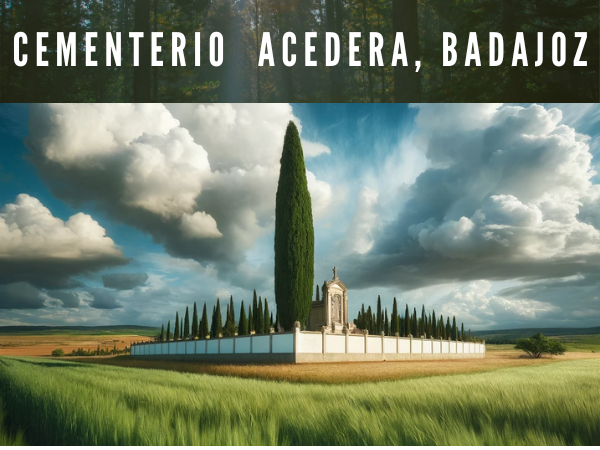 Un cementerio rural en España, similar al Cementerio Municipal de Acedera, Badajoz, con un alto ciprés de color verde oscuro que se alza prominentemente contra un muro perimetral blanco. El paisaje circundante es un campo verde y exuberante, posiblemente de trigo o cebada. El cielo es una mezcla dinámica de azul y está salpicado de grandes nubes blancas y grises, lo que sugiere un día parcialmente nublado pero brillante. Una URL 'https://www.cementerio.info/' está sutilmente integrada en la imagen en español. La escena es tranquila y captura la serenidad del campo con un aire de respetuosa solemnidad.