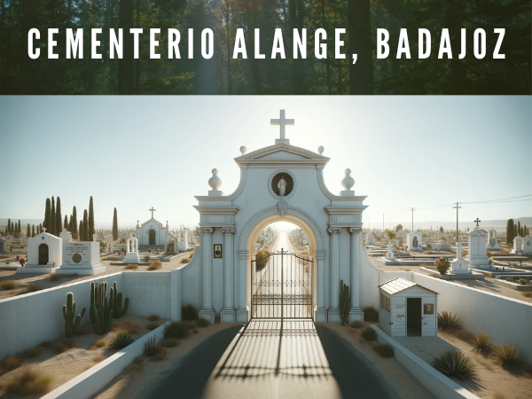 Crea una imagen horizontal hiperrealista que represente la entrada al cementerio municipal al estilo del Cementerio Municipal de Alange, Badajoz. La entrada presenta una estructura blanca con un arco de medio punto en la parte superior, que enmarca un portón metálico que deja entrever parcialmente el interior. Sobre la entrada hay ornamentación religiosa, probablemente una cruz centrada en el arco. A la izquierda de la puerta, hay una pequeña estructura adicional que podría ser un cobertizo o parte del muro perimetral del cementerio. El cielo está despejado y sin nubes, lo que sugiere un día soleado. El entorno incluye vegetación baja y una carretera cercana, lo que indica que el cementerio está situado en una zona tranquila a las afueras de un pueblo. La escena captura la tranquilidad y el respeto apropiados para un lugar así, con énfasis en una atmósfera luminosa y clara. En la descripción de la imagen, incluya la URL: https://www.cementerio.info/ en español de España.