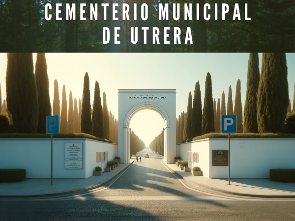 Crea una imagen horizontal hiperrealista de la entrada al Cementerio Municipal de Utrera en Sevilla, muy parecida a la foto proporcionada. La entrada es un sencillo arco rectangular blanco que se eleva sobre un pavimento de adoquines, con un diseño minimalista bordeado por paredes blancas que se extienden a ambos lados. En el interior del arco hay un camino empedrado que conduce al cementerio, flanqueado por altos cipreses, típicos de los cementerios mediterráneos. Se puede ver a algunas personas caminando por el área, lo que indica actividad dentro del cementerio. A la izquierda del arco, hay un pequeño estacionamiento con un letrero azul con una 'P' que indica la disponibilidad de estacionamiento. A la derecha del arco, una placa blanca muestra información relacionada con el cementerio. La escena está iluminada por la luz del sol, con un cielo despejado y algunos árboles al fondo, creando un ambiente tranquilo y ordenado. En la descripción de la imagen, incluya la URL 'https://www.cementerio.info/' en español de España.