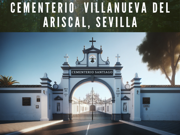 Una imagen hiperrealista de la entrada al Cementerio Municipal de Santiago en Villanueva del Ariscal, Sevilla. La entrada tiene una fachada blanca tradicional con una puerta en forma de arco. Sobre la puerta, un cartel dice 'CEMENTERIO SANTIAGO' en letras negras y negritas sobre un fondo blanco. Una pequeña estructura religiosa con una campana y una cruz se encuentra encima del arco de entrada. La puerta es una reja de metal y hay paredes blancas con cruces en los extremos a cada lado. El cielo está despejado, lo que sugiere que es temprano en la mañana o última hora de la tarde. La imagen es tranquila y serena, con un cielo azul profundo que contrasta con las paredes blancas, similar a la foto proporcionada. https://www.cementerio.info/