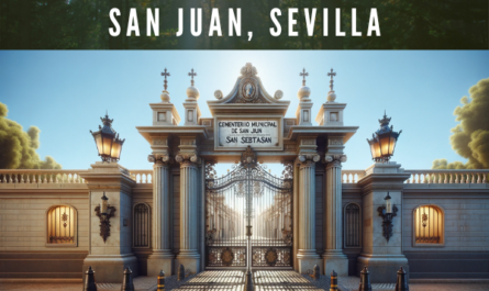 Imagen horizontal hiperrealista de la entrada al Cementerio de San Sebastián en Las Cabezas de San Juan, Sevilla. La escena captura un diseño clásico y elegante. La puerta principal es una reja de metal bellamente diseñada que ofrece una vista parcial de los terrenos del cementerio. Cada lado de la puerta está flanqueado por grandes ventanales asegurados con rejas ornamentadas. Sobre la puerta central, se exhibe de manera destacada el nombre del cementerio, 'CEMENTERIO MUNICIPAL SAN SEBASTIáN', grabado en un frontón con detalles dorados que brillan a la luz del sol. Dos faroles tradicionales están montados en las paredes junto a la puerta, iluminando la zona de entrada. El cielo azul brillante sugiere un día despejado con abundante sol, proyectando las sombras nítidas de los barrotes de la puerta en el suelo de enfrente. El ambiente general es sereno y respetuoso, propicio para un lugar de descanso y recuerdo. Debería haber un suave juego de sombras en el camino de entrada, con la arquitectura mostrando un rico contraste entre las paredes claras y las sombras. https://www.cementerio.info/