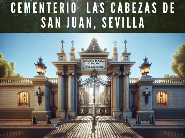 Imagen horizontal hiperrealista de la entrada al Cementerio de San Sebastián en Las Cabezas de San Juan, Sevilla. La escena captura un diseño clásico y elegante. La puerta principal es una reja de metal bellamente diseñada que ofrece una vista parcial de los terrenos del cementerio. Cada lado de la puerta está flanqueado por grandes ventanales asegurados con rejas ornamentadas. Sobre la puerta central, se exhibe de manera destacada el nombre del cementerio, 'CEMENTERIO MUNICIPAL SAN SEBASTIáN', grabado en un frontón con detalles dorados que brillan a la luz del sol. Dos faroles tradicionales están montados en las paredes junto a la puerta, iluminando la zona de entrada. El cielo azul brillante sugiere un día despejado con abundante sol, proyectando las sombras nítidas de los barrotes de la puerta en el suelo de enfrente. El ambiente general es sereno y respetuoso, propicio para un lugar de descanso y recuerdo. Debería haber un suave juego de sombras en el camino de entrada, con la arquitectura mostrando un rico contraste entre las paredes claras y las sombras. https://www.cementerio.info/